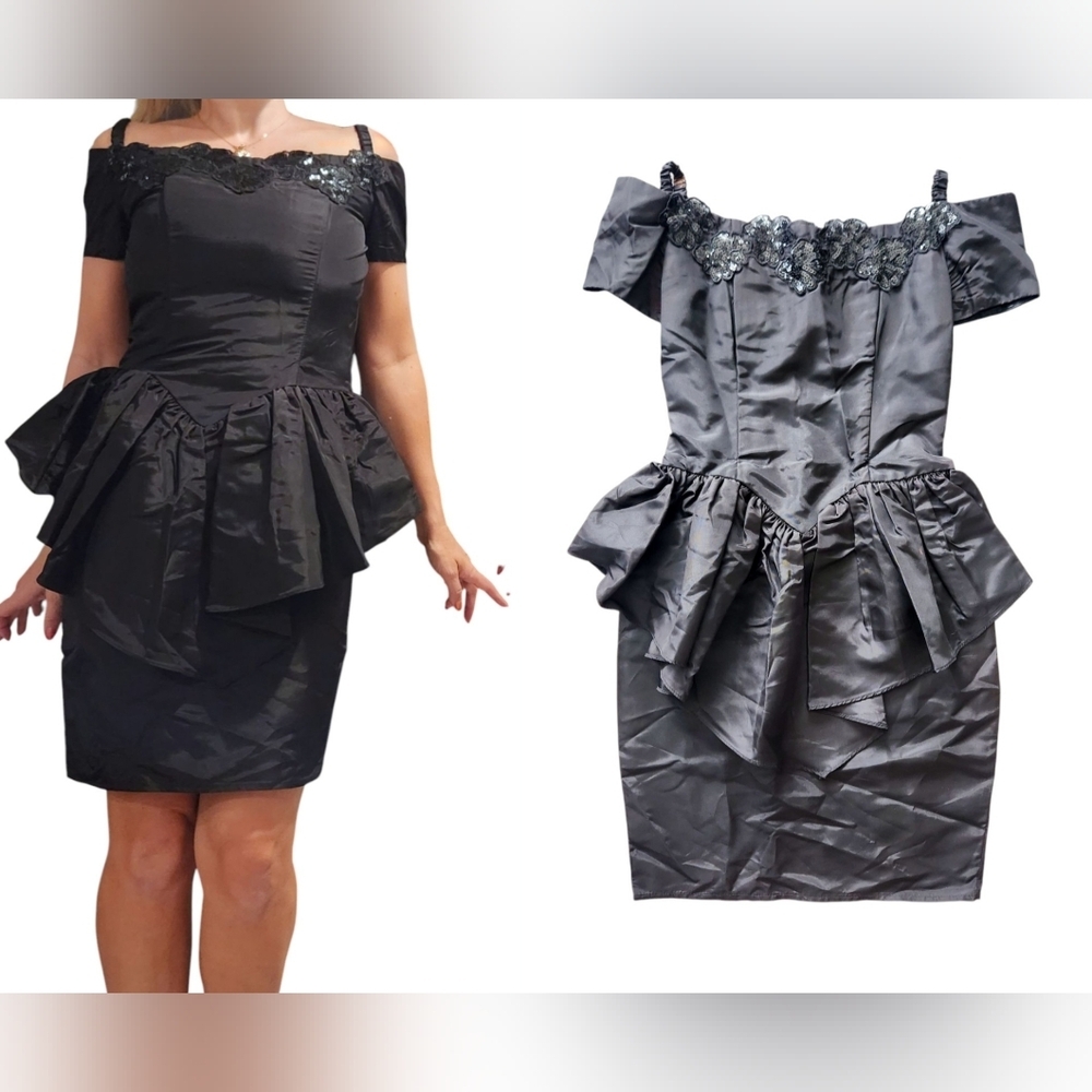 VTG Gunne Sax Jessica McClintock Black Sequin Peplum Dress Sz XS Formal Mini 80s